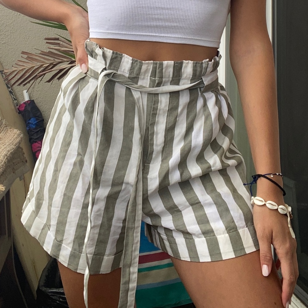 Club Monaco paper bag olive green & white striped linen shorts
